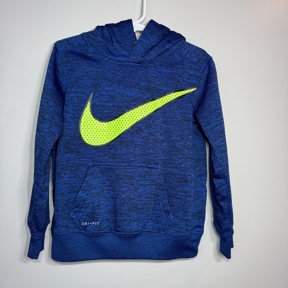 Nike‎ Kids Dri-Fit Hoodie Boys XS 4 Blue Neon Yellow Graphic Pullover Activewear